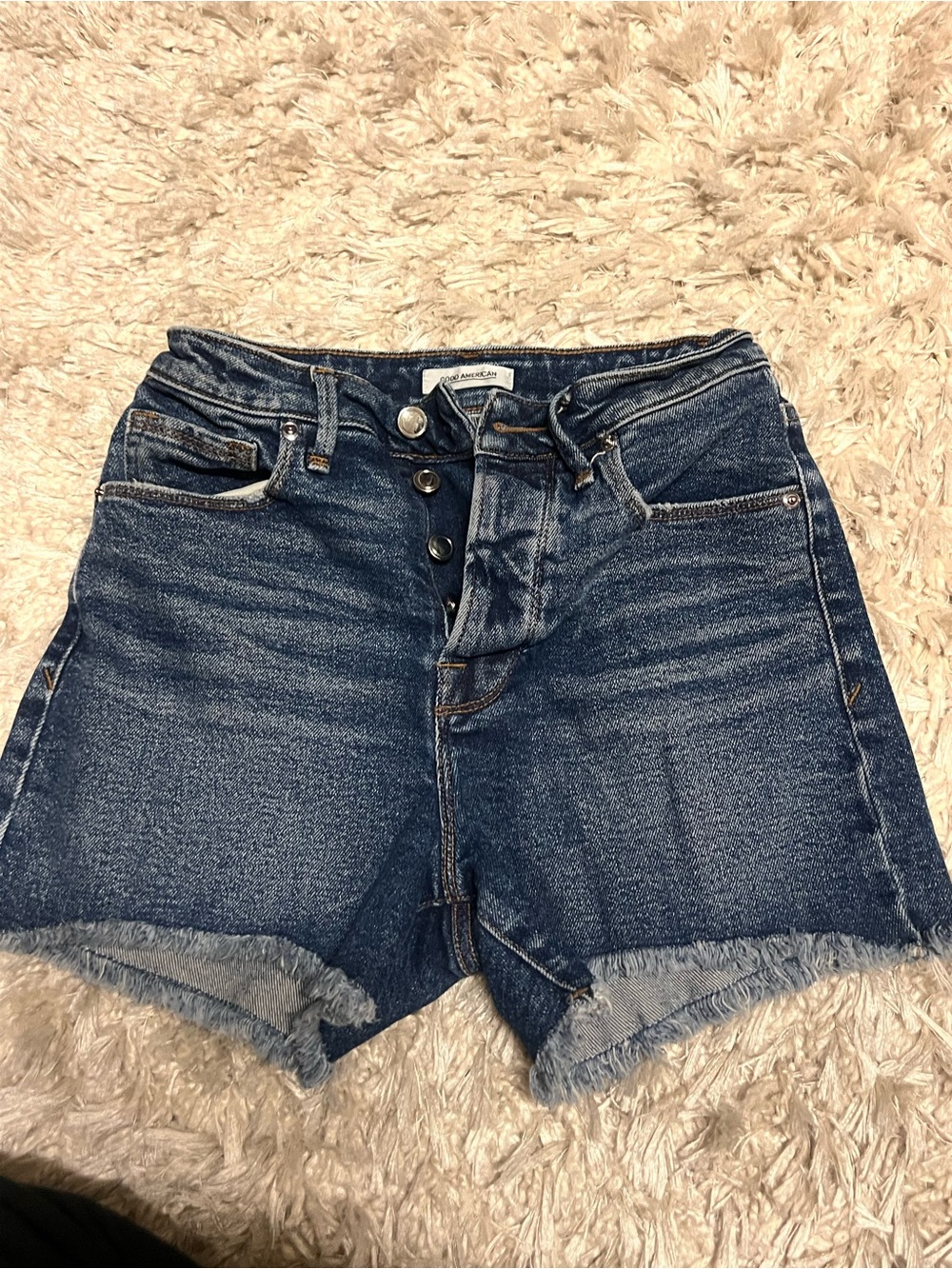 Good American Dark Blue High-Rise Button-Front Jean Shorts